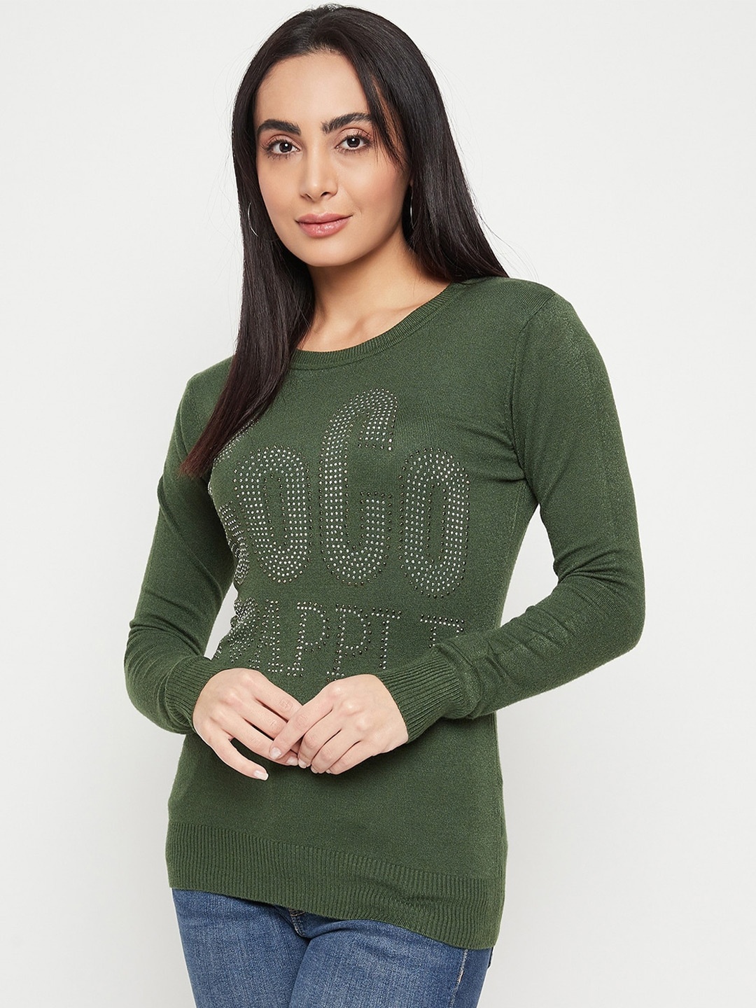 

Camey Typography Embroidered Wool Pullover, Green