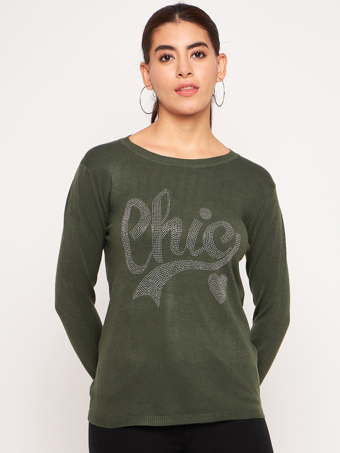 

Camey Typography Embellished Wool Pullover, Green