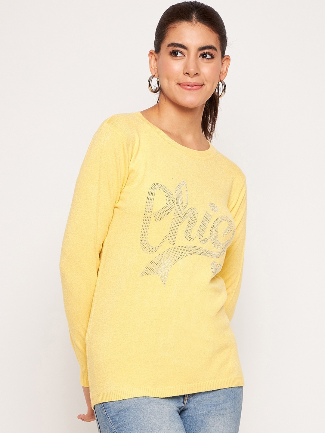 

Camey Embellished Typography Pullover Sweater, Yellow