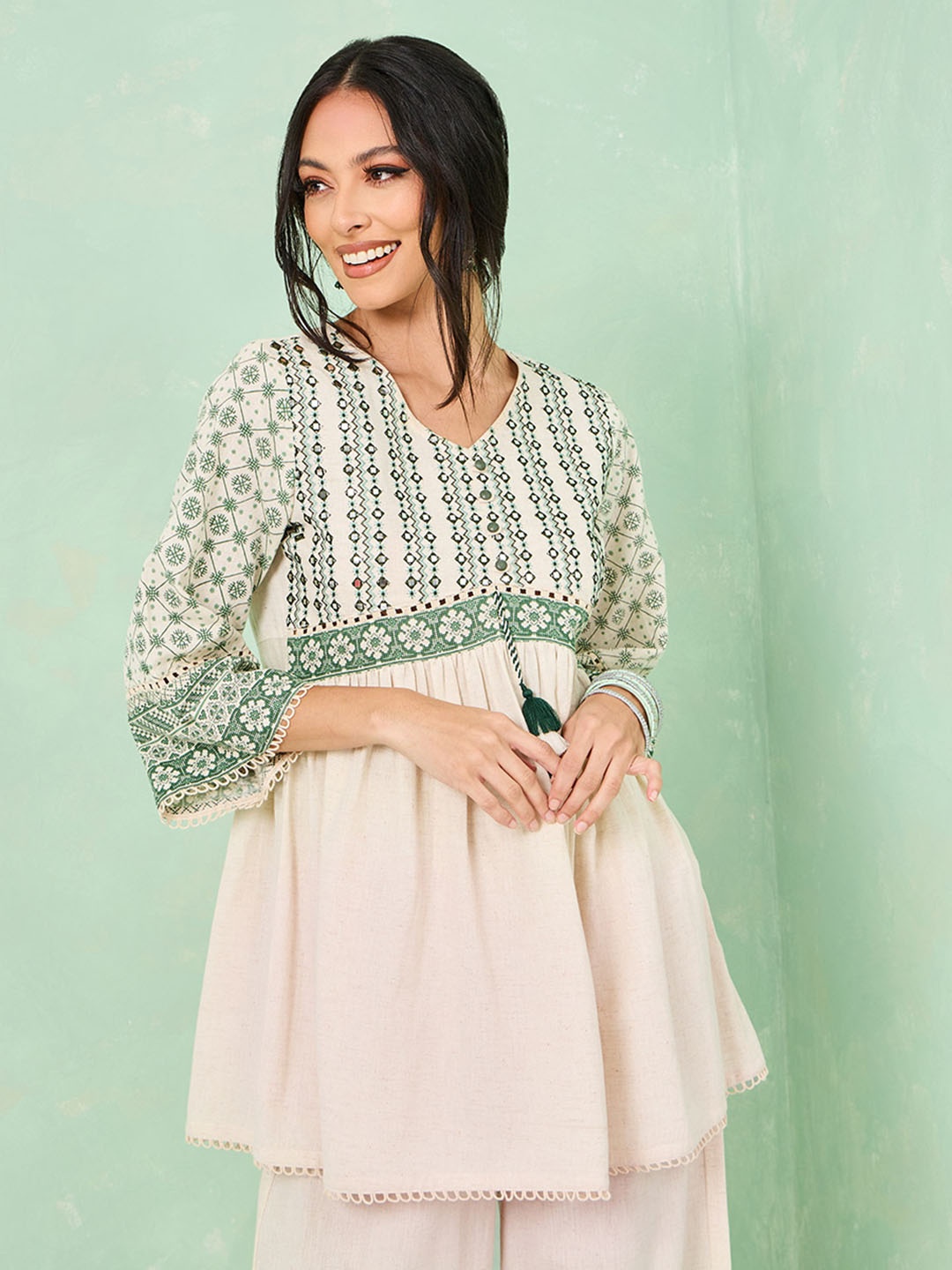 

Styli Off White Embroidered Mirror Work Cotton A-Line Kurti