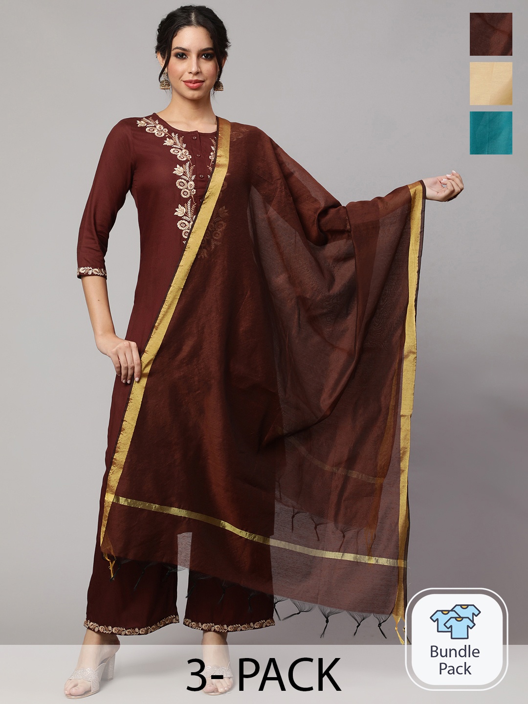 

Nayo Pack of 3 Solid Dupatta With Zari, Brown
