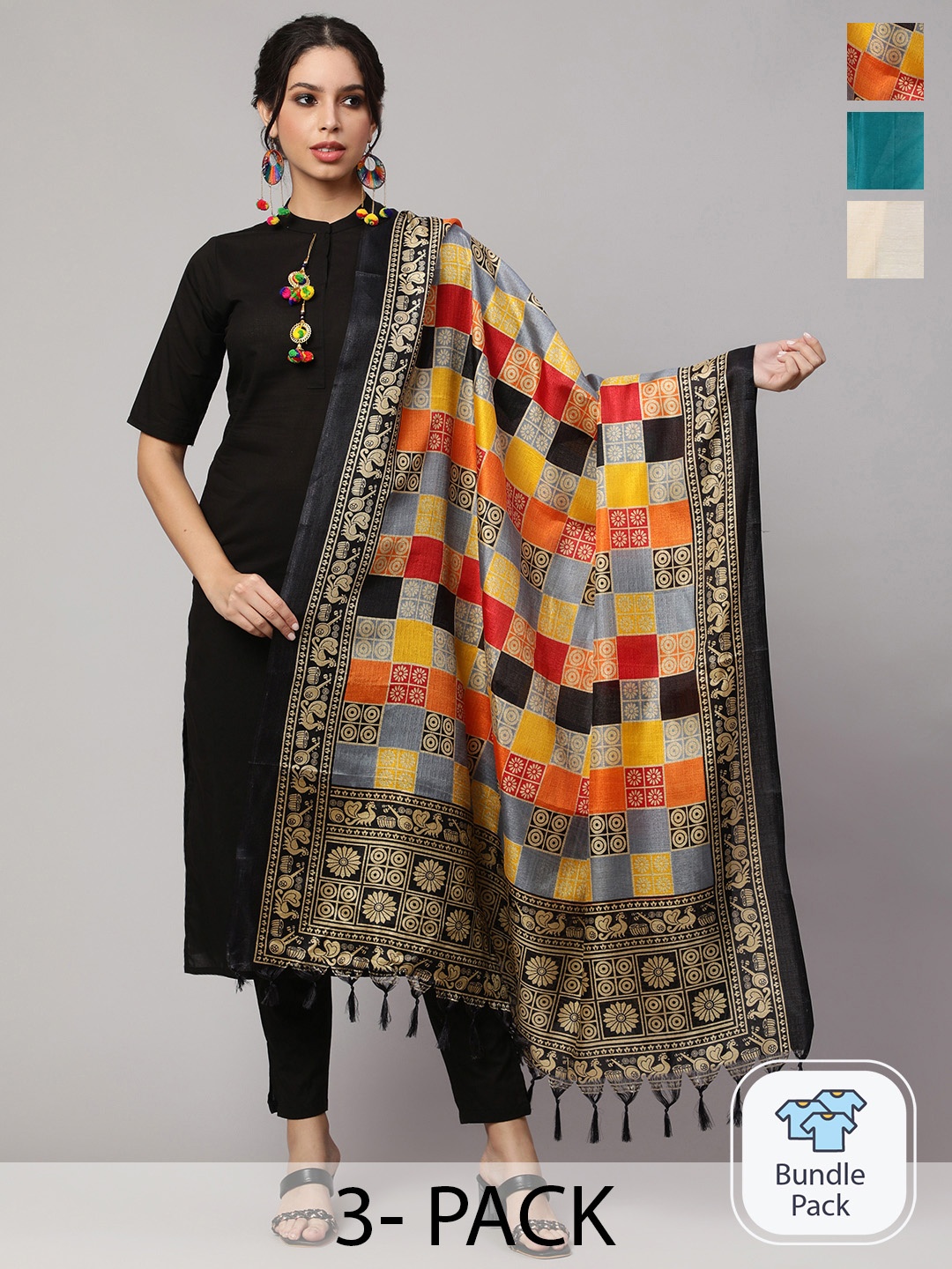 

Nayo Pack of 3 Printed Dupatta, Black