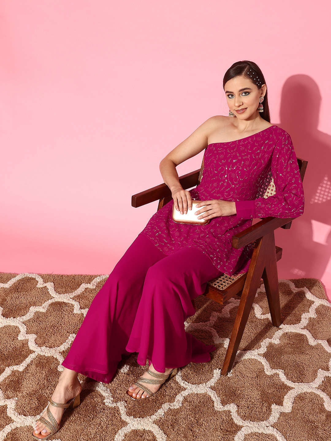 

Libas Women Embellished One Shoulder Tunic with Palazzos, Pink