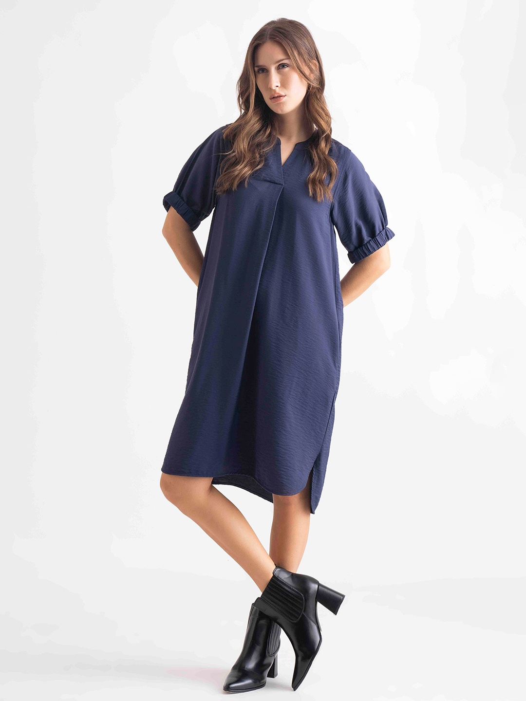 

B.Copenhagen Puff Sleeves Mandarin Collar Curved A-Line Dress, Navy blue