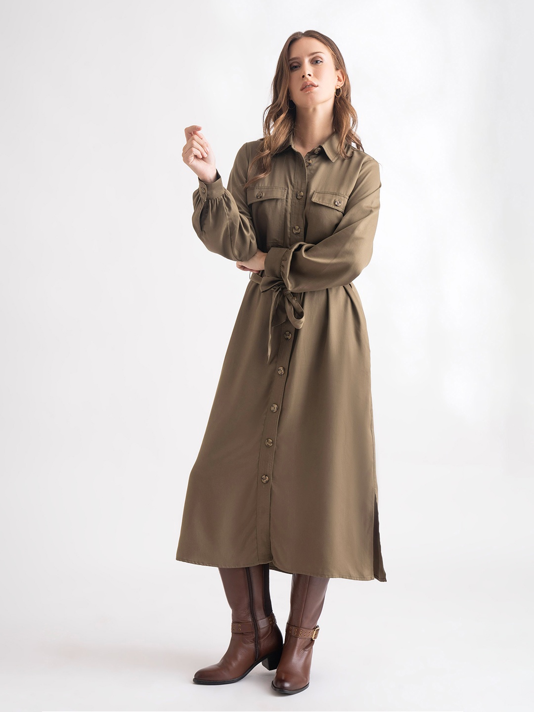 

B.Copenhagen Cuffed Sleeves Flap Pocket Belted Organic Cotton Shirt Midi Dress, Khaki