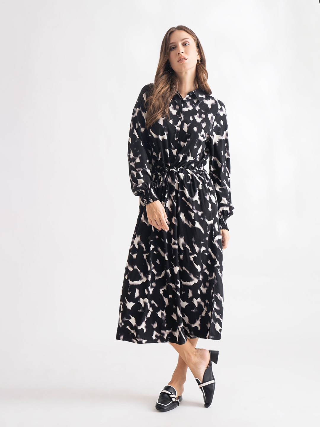 

B.Copenhagen Abstract Printed Cuffed Sleeves Belted Shirt Midi Dress, Black