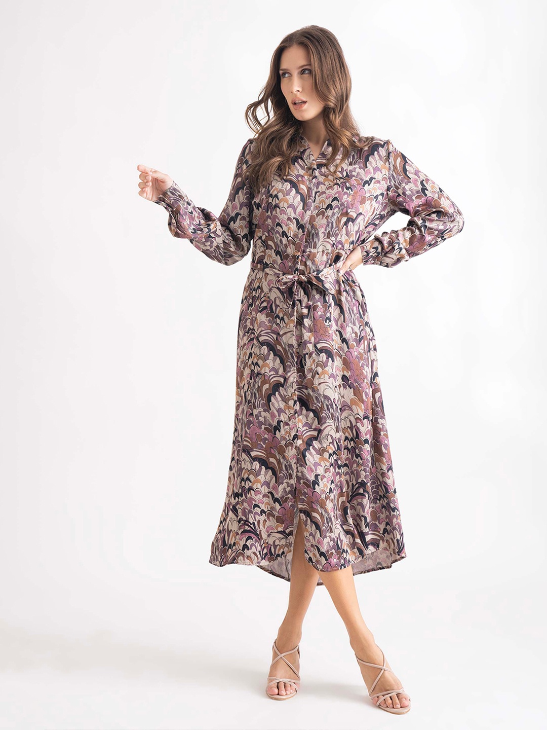 

B.Copenhagen Abstract Printed Cuffed Sleeves Belted Shirt Midi Dress, Mauve