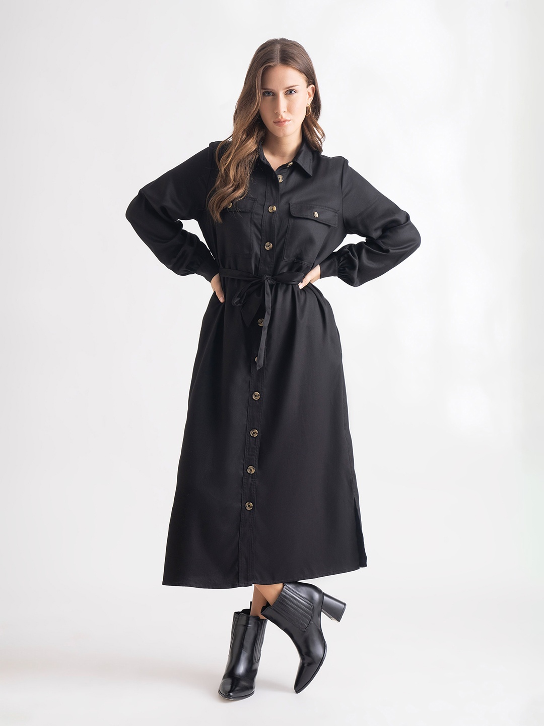 

B.Copenhagen Cuffed Sleeves Flap Pocket Belted Shirt Midi Dress, Black