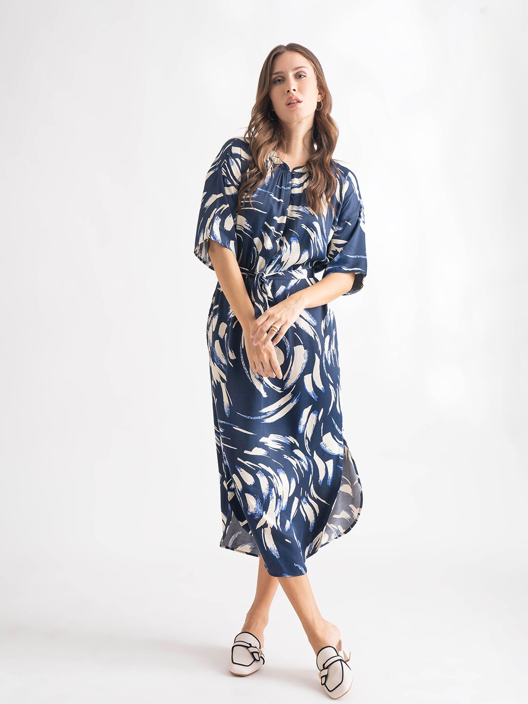 

B.Copenhagen Abstract Printed Mandarin Collar Curved A-Line Midi Dress, Navy blue