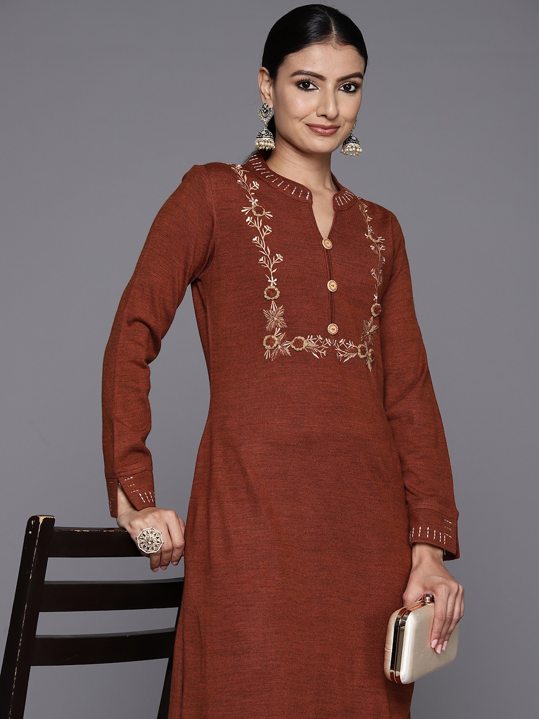 

Libas Floral Yoke Design Regular Thread Work Pure Wool Kurta with Trousers, Rust