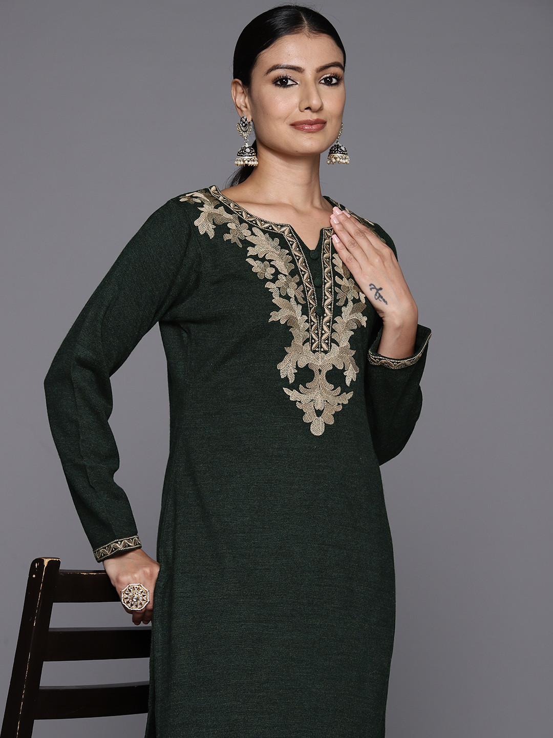 

Libas Floral Yoke Design Regular Thread Work Pure Wool Kurta with Trousers, Green