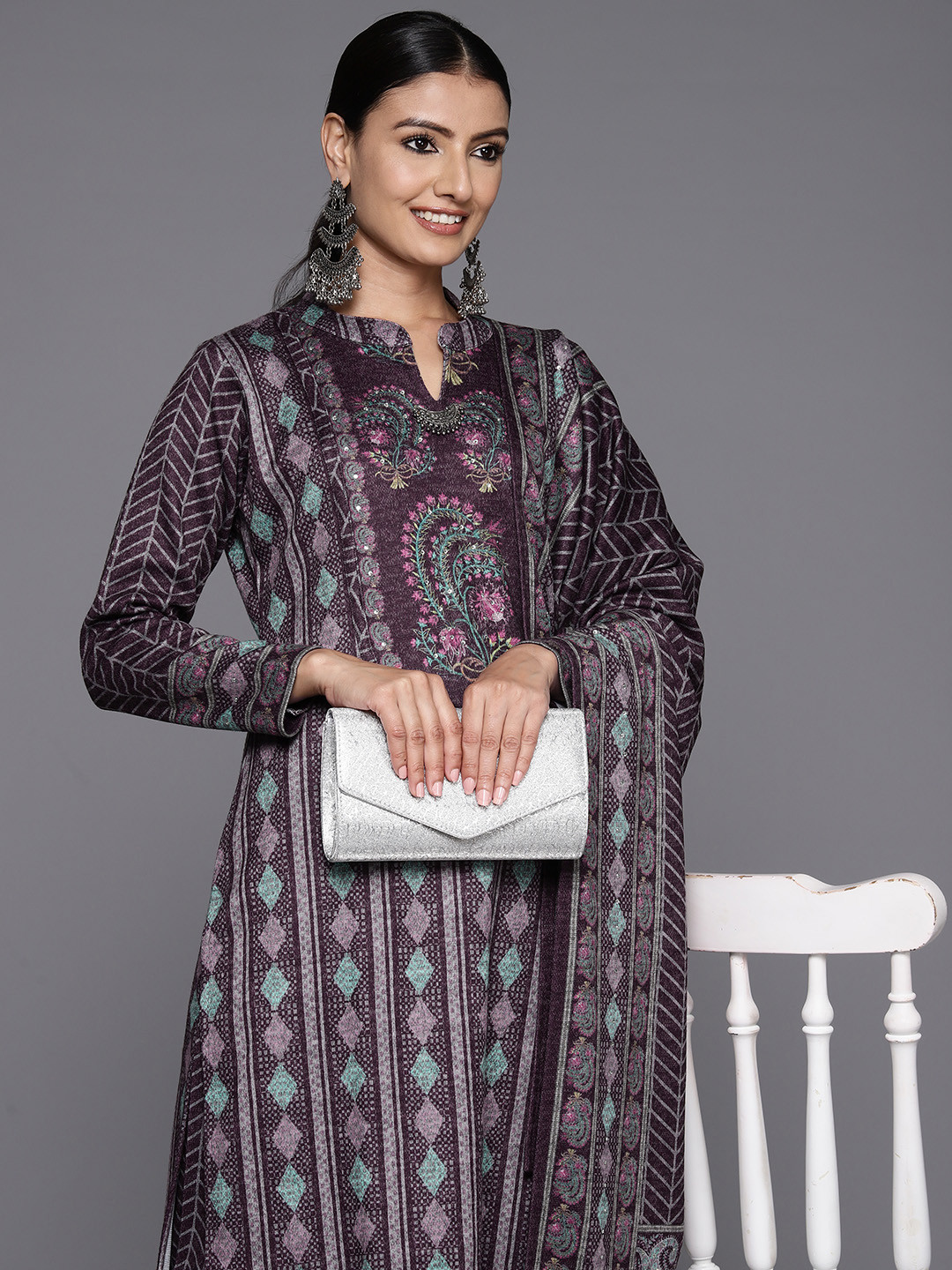 

Libas Ethnic Motifs Printed Regular Beads & Stones Kurta with Palazzos & Dupatta, Purple