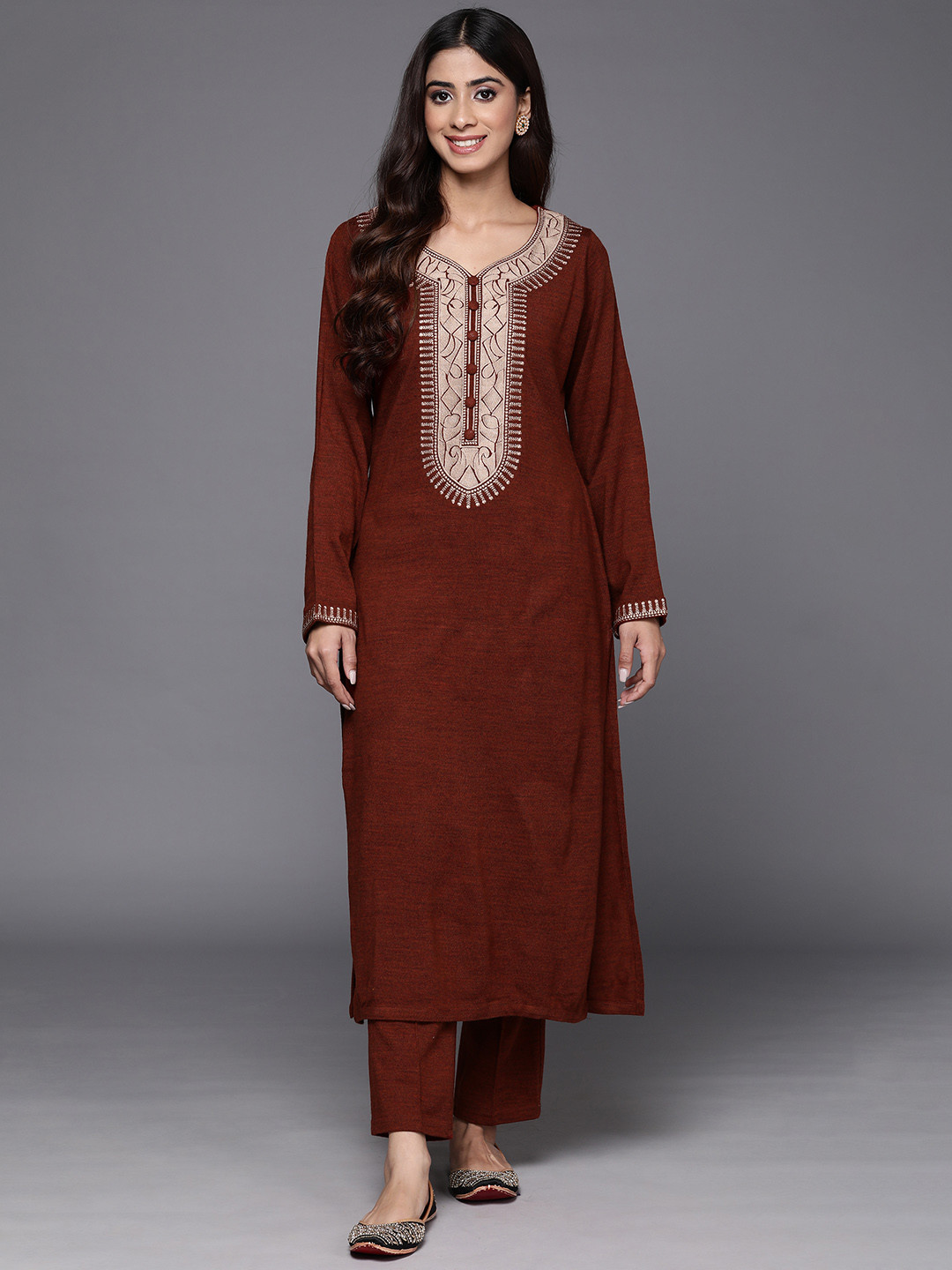 

Libas Women Yoke Design Regular Thread Work Pure Wool Kurta with Trousers, Maroon