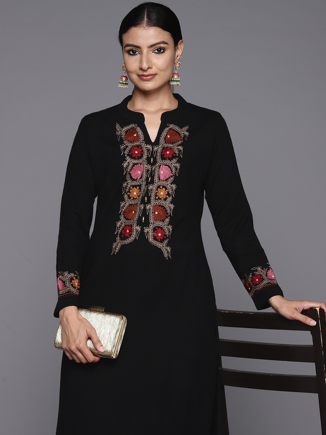

Libas Women Floral Yoke Design Regular Thread Work Pure Wool Kurta with Trousers, Black