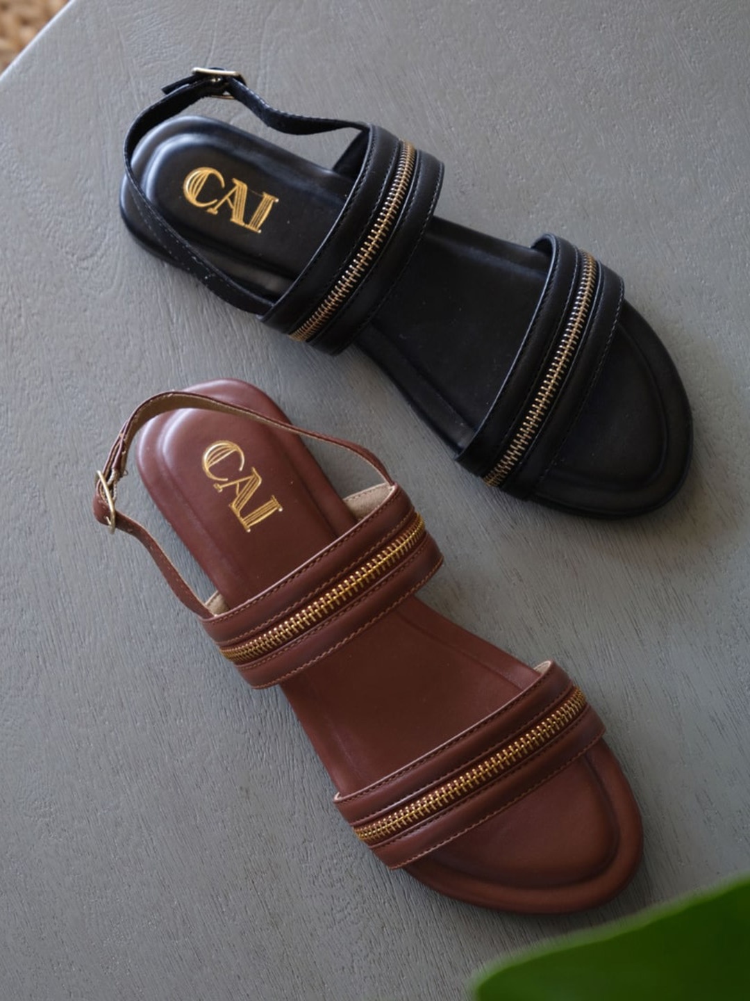 

CAI Zip Detail Open Toe Flats, Black