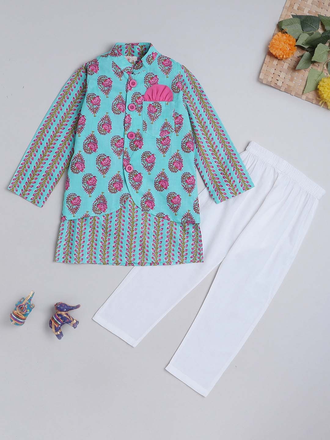 

The Magic Wand Boys Floral Printed Regular Pure Cotton Kurta with Pyjamas & Nehru Jacket, Turquoise blue