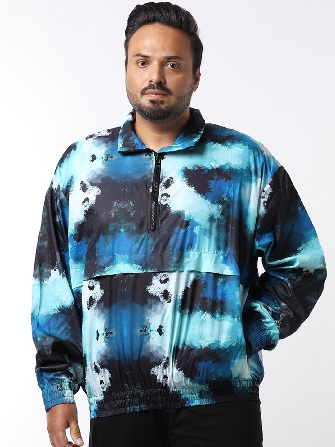 

Bewakoof Air 1.0 Plus Size Abstract Printed Windcheater Bomber Jacket, Blue