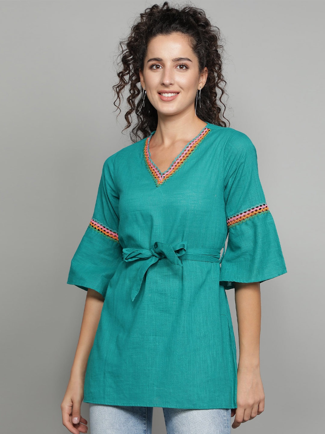

Cot'N Soft V-Neck Bell Sleeves Laced Pure Cotton A-Line Kurti, Green
