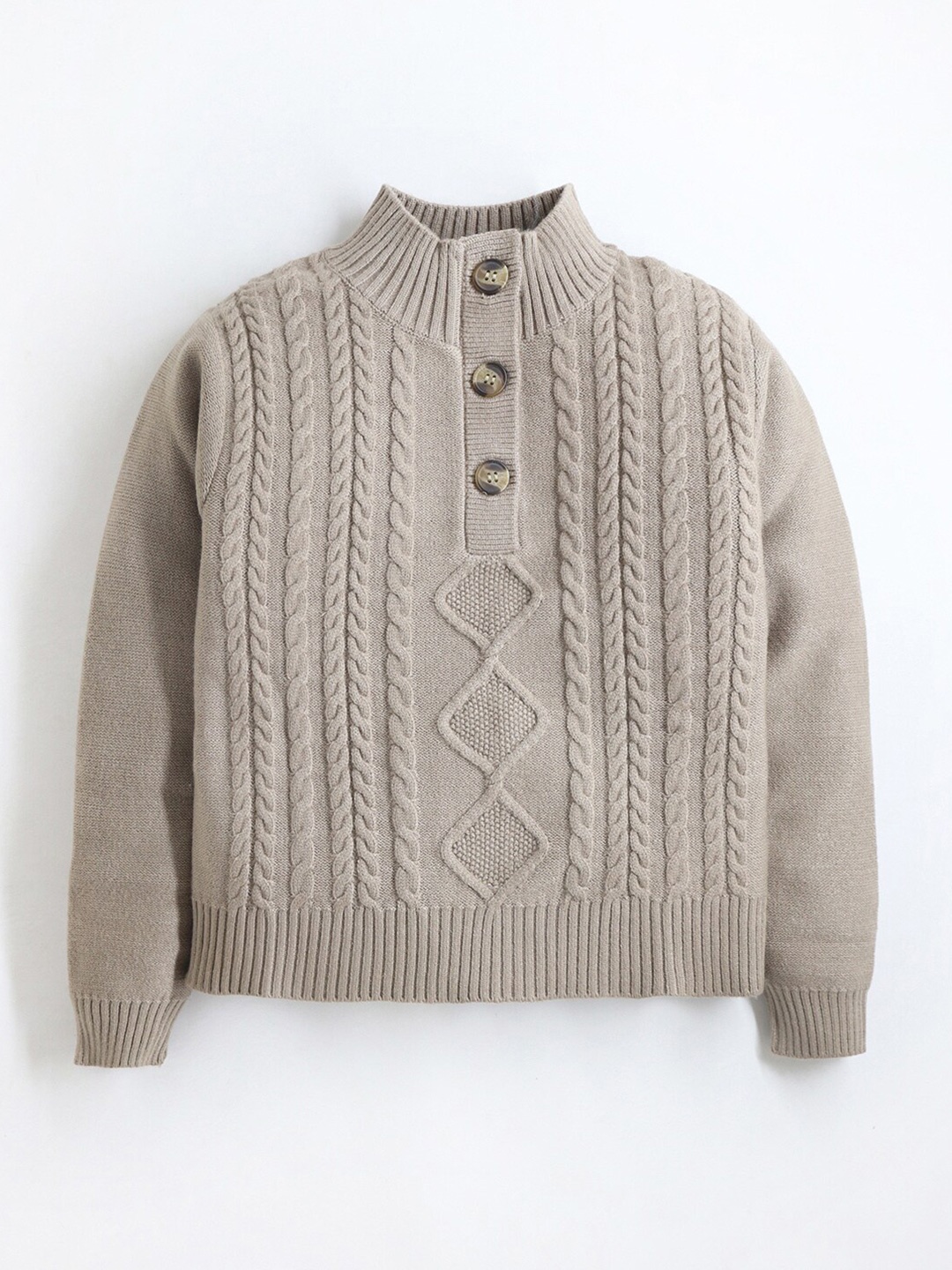 

Cherry Crumble Kids Cable Knit High Neck Pullover Sweater, Beige