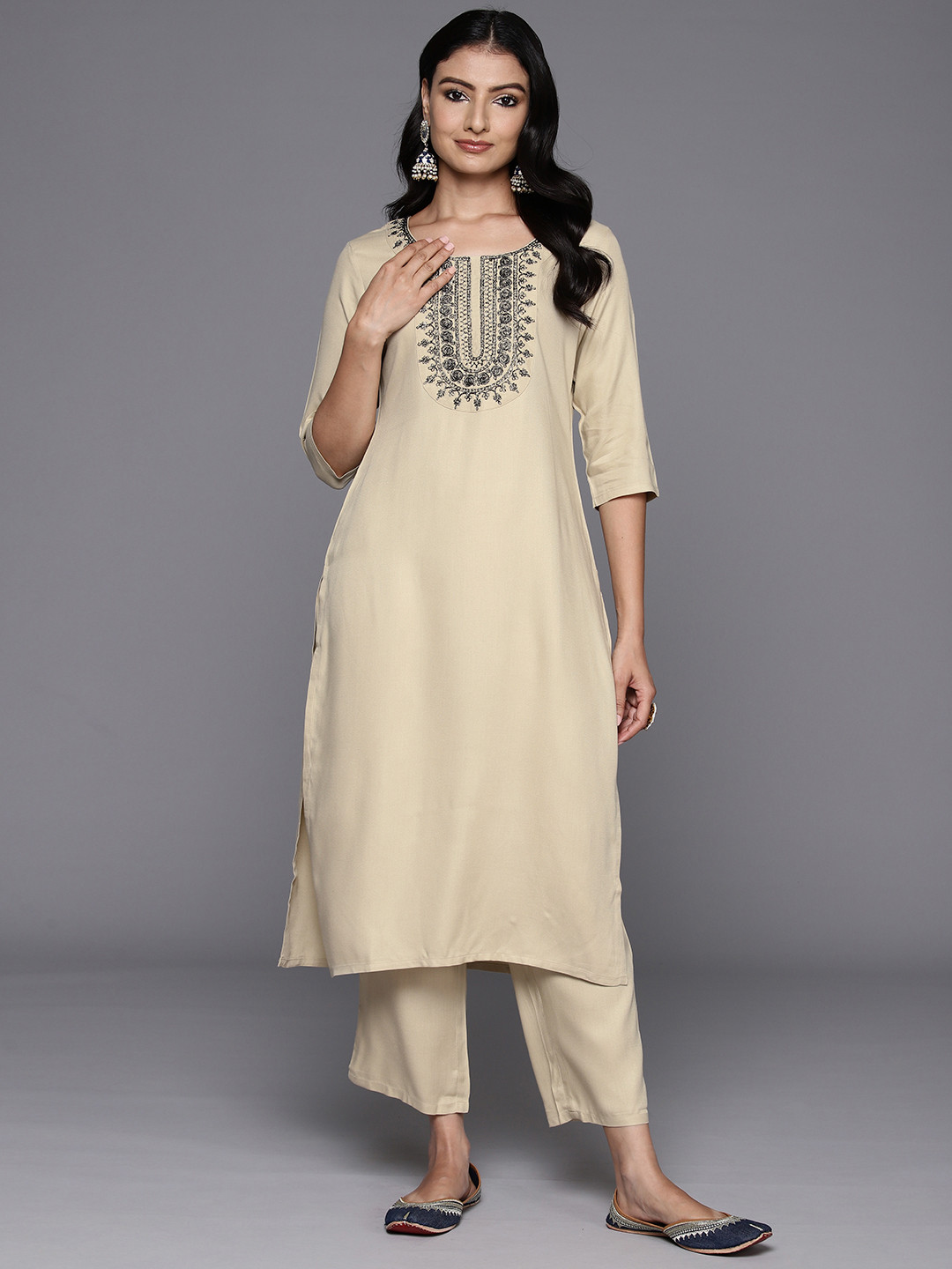 

Libas Women Floral Yoke Design Regular Sequinned Kurta with Trousers, Beige