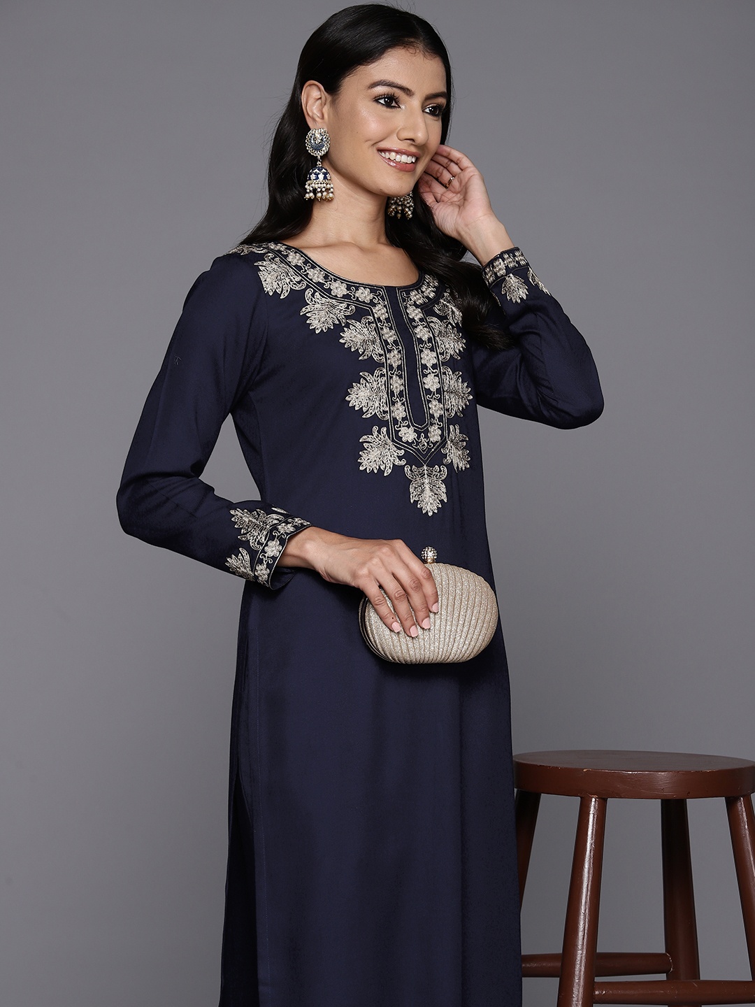 

Libas Women Floral Yoke Design Regular Thread Work Kurta with Palazzos, Navy blue