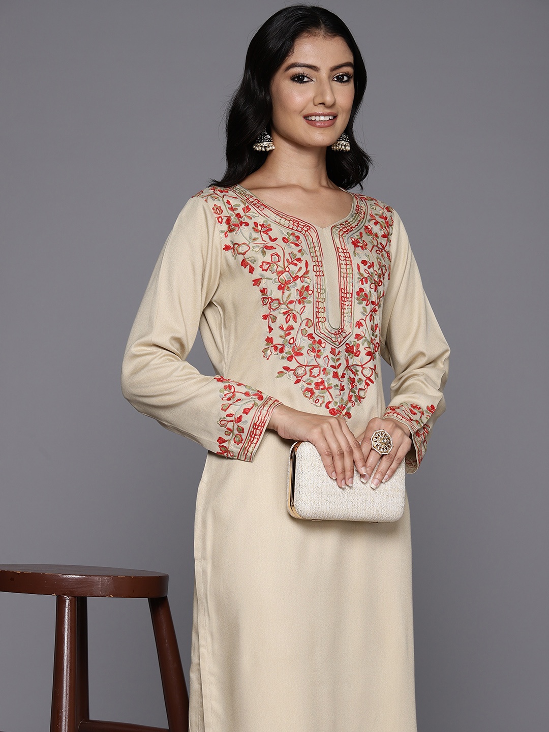 

Libas Women Floral Yoke Design Regular Thread Work Kurta with Trousers, Beige