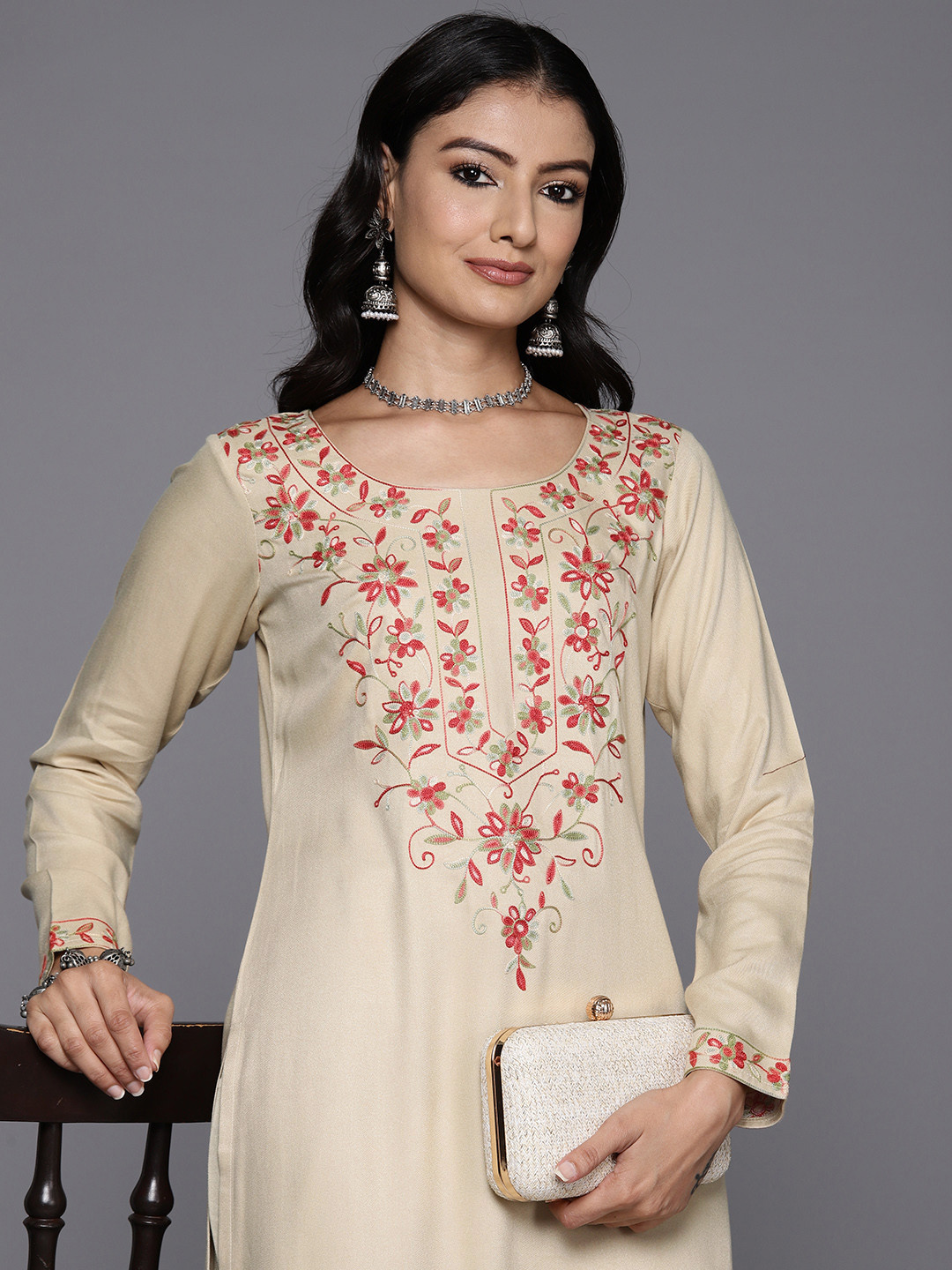 

Libas Women Floral Yoke Design Regular Thread Work Kurta with Trousers, Beige