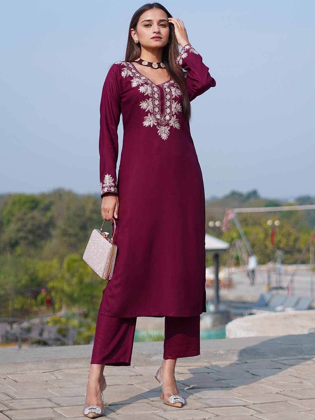 

Libas Women Floral Yoke Design Regular Kurta with Palazzos, Maroon