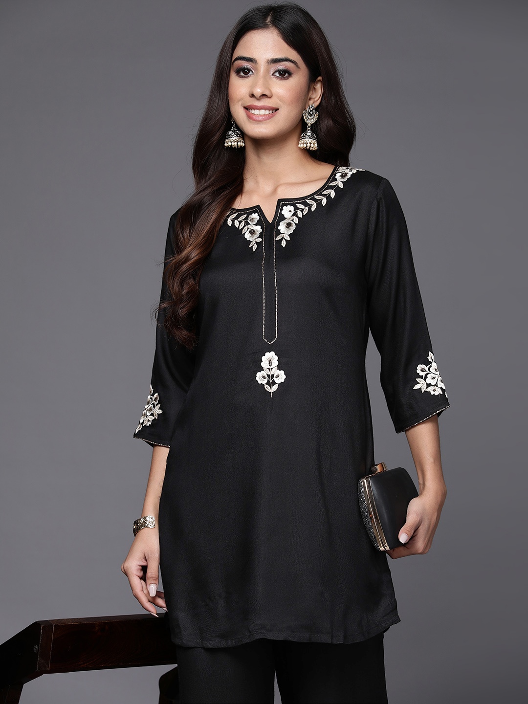 

Libas Women Floral Embroidered Pashmina Wool Tunic with Trousers, Black
