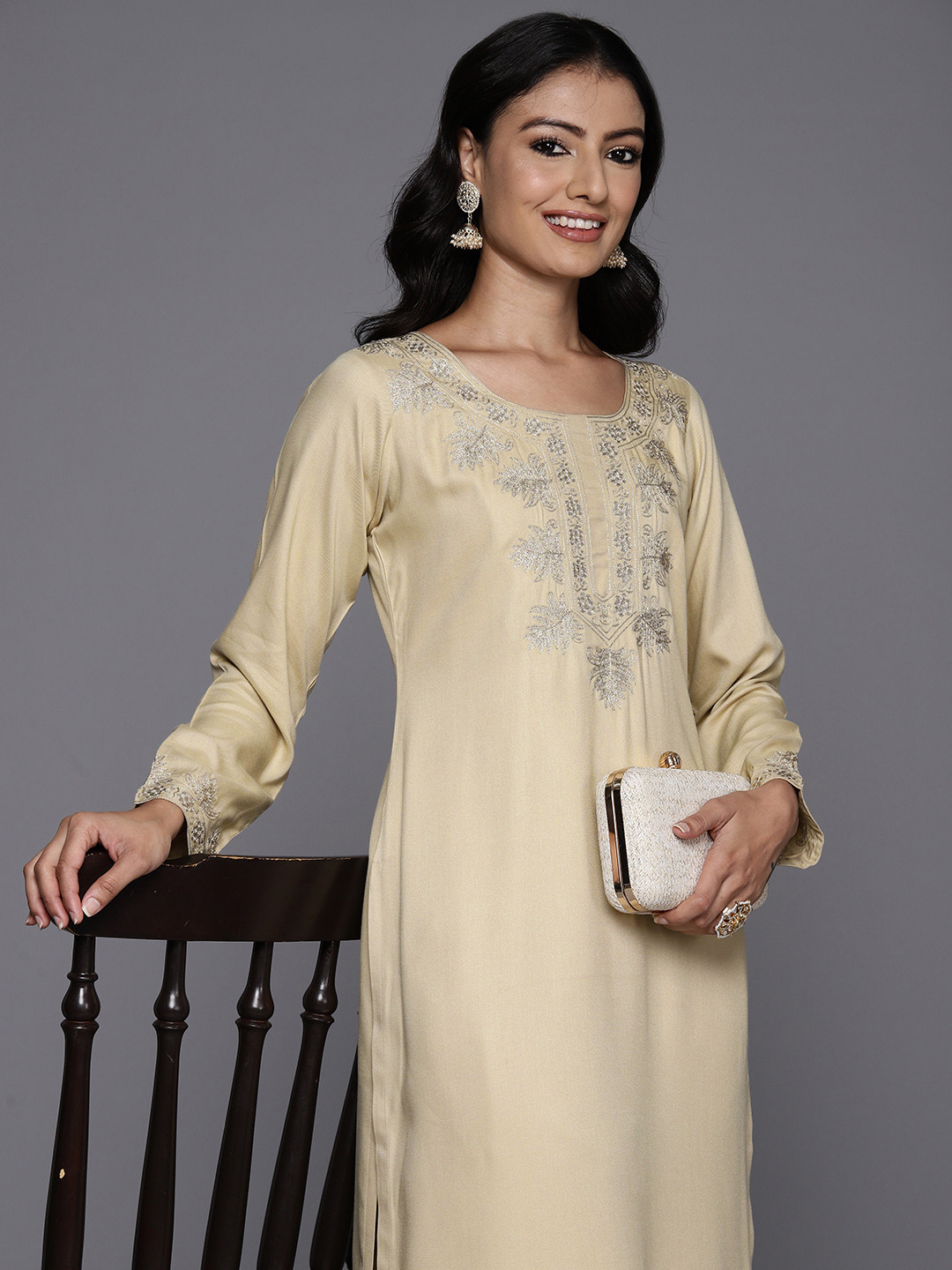 

Libas Women Floral Yoke Design Regular Thread Work Kurta with Trousers, Beige