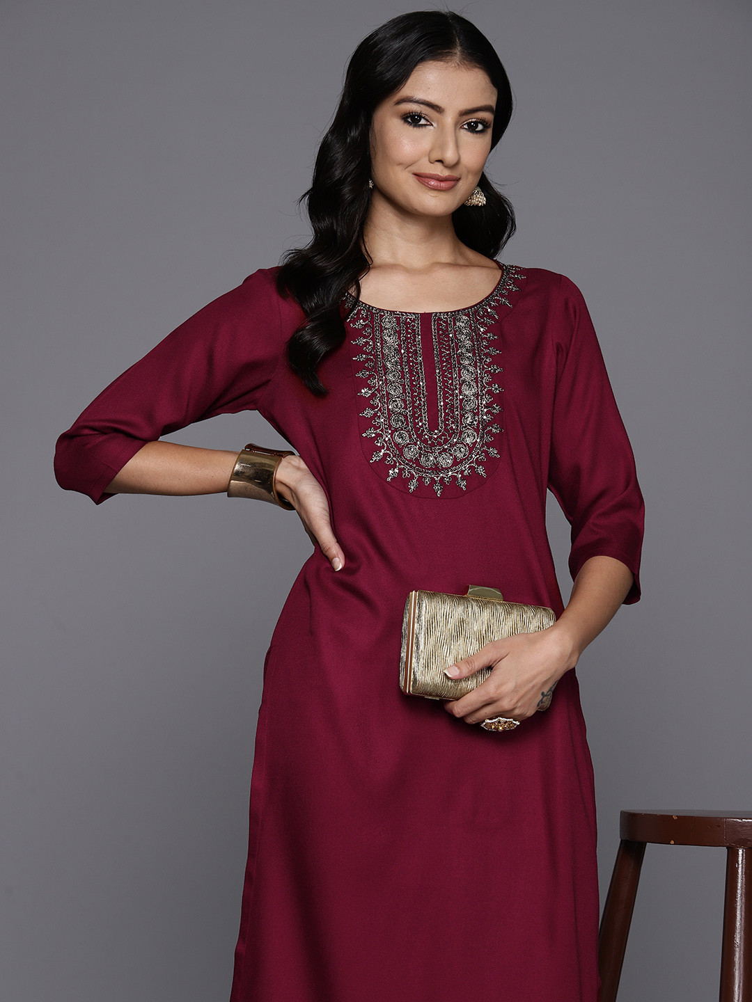 

Libas Women Floral Yoke Design Regular Kurta with Trousers, Maroon