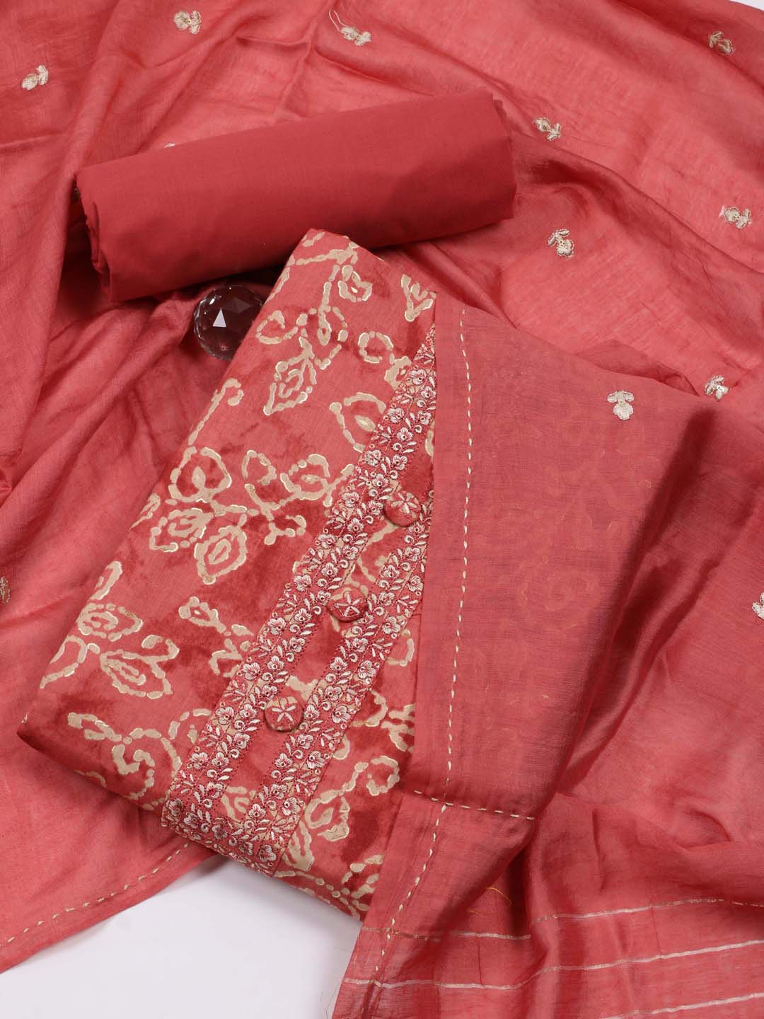 

Meena Bazaar Floral Printed Thread Work Unstitched Dress Material, Rust