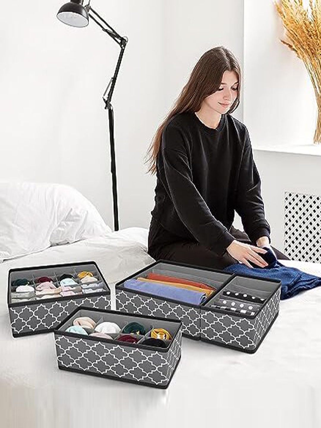 

HOUSE OF QUIRK Black 4 Pieces Printed Foldable Storage Organisers