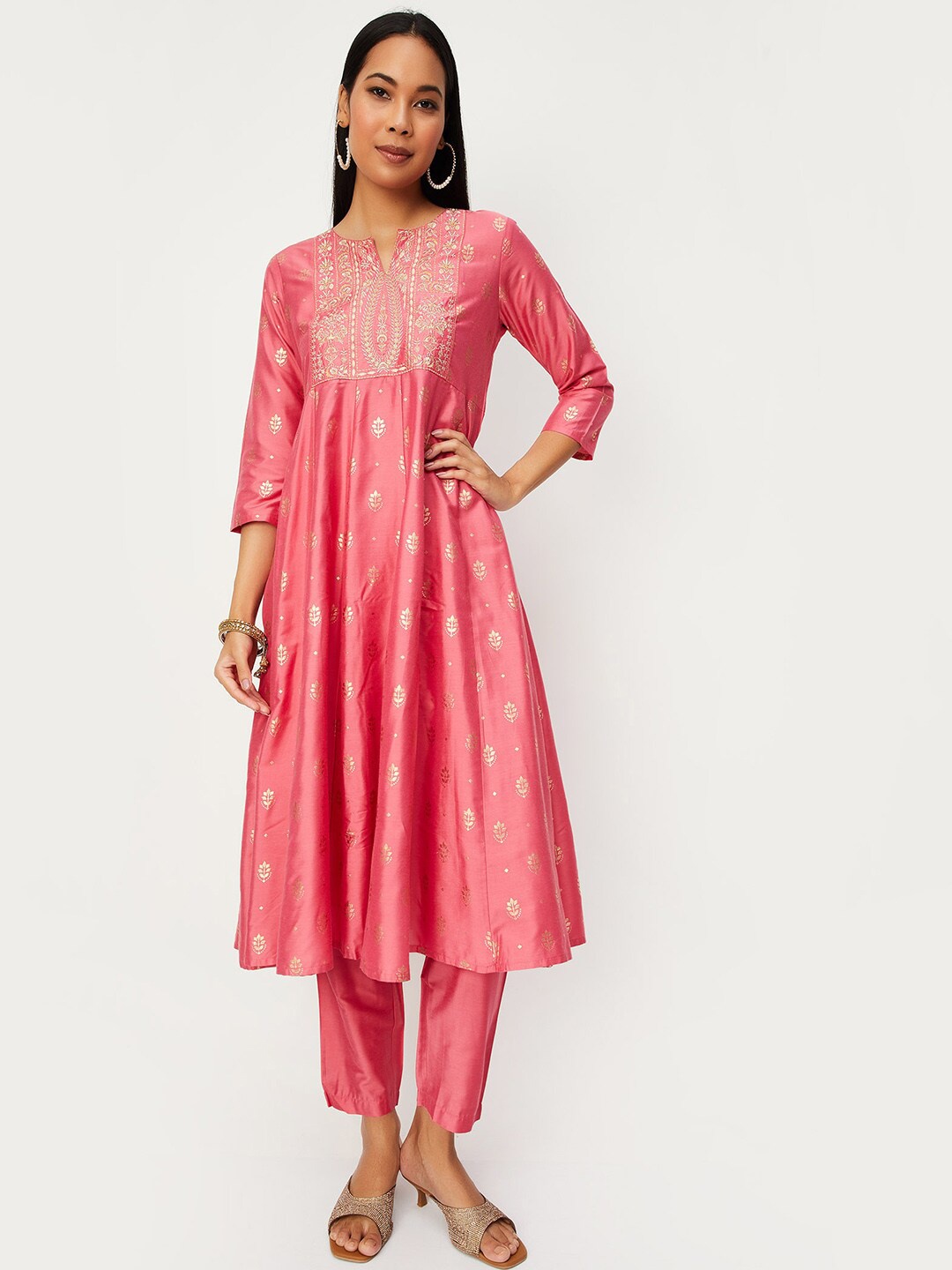 

max Ethnic Motifs Embroidered Round Neck A-Line Kurta with Trousers, Fuchsia