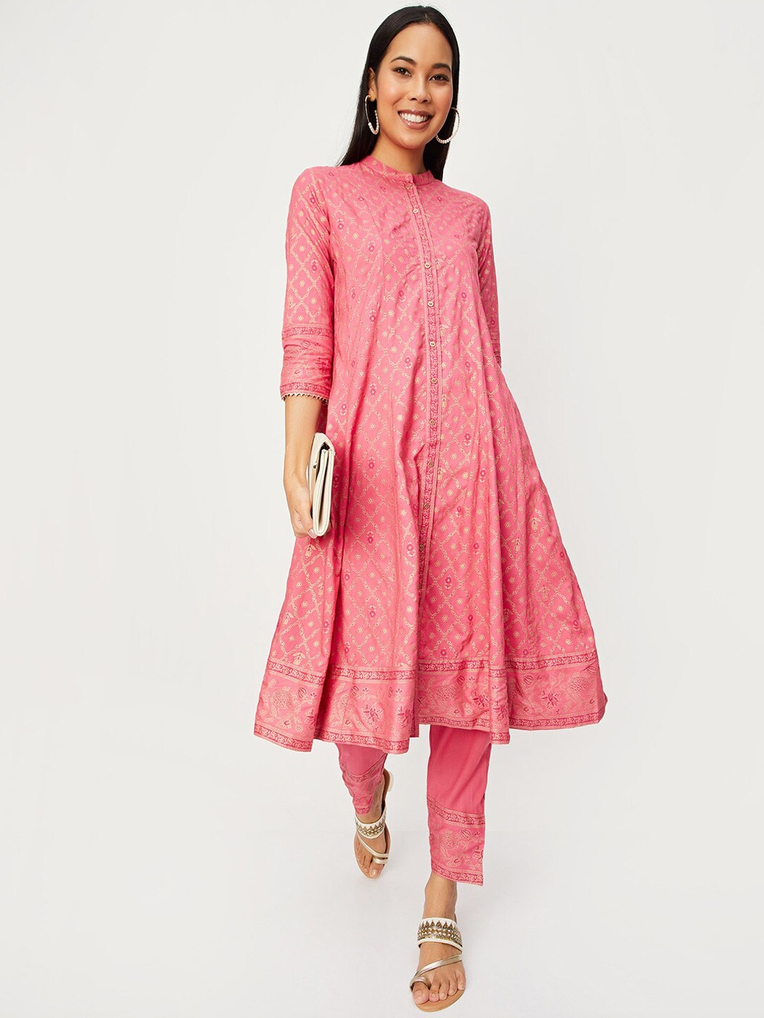 

max Ethnic Motifs Printed Mandarin Collar A-Line Kurta with Trousers, Red
