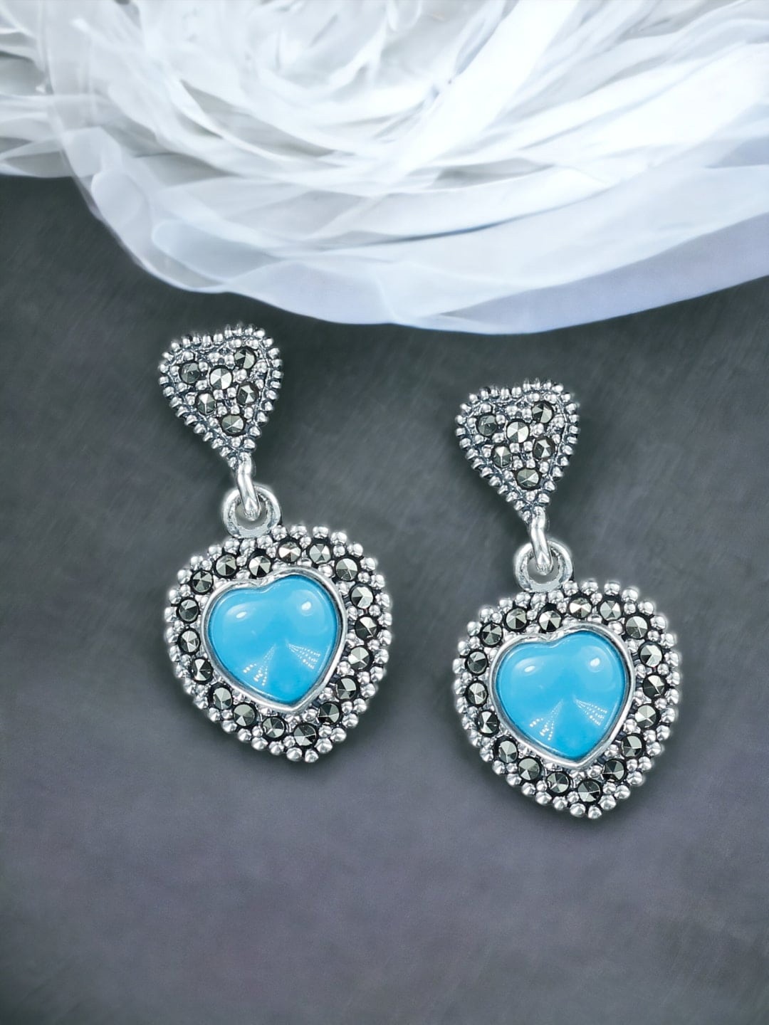 

Taraash Sterling Silver Artificial Stones-Studded Heart Shaped Drop Earrings, Blue
