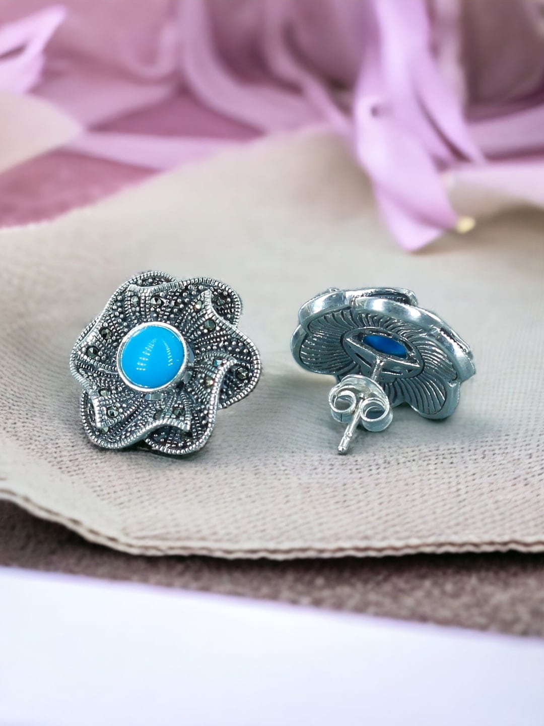 

Taraash Sterling Silver Oxidised Contemporary Studs Earrings, Blue