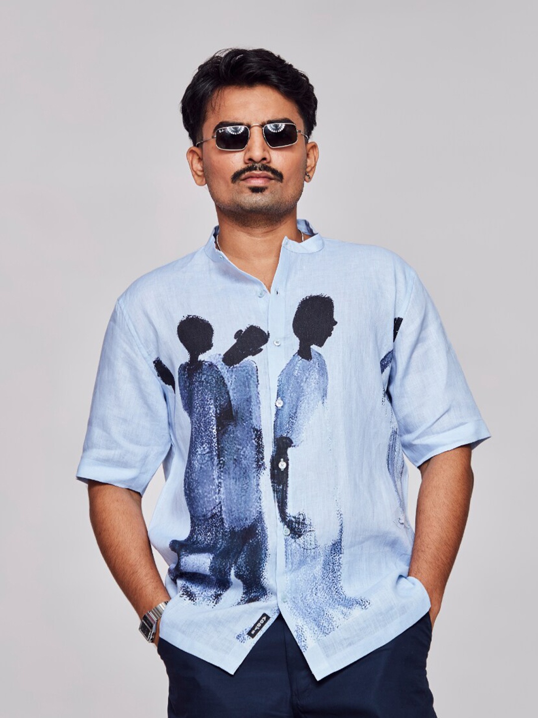 

ADDY'S for men Comfort Graphic Printed Band Collar Linen Casual Shirt, Blue