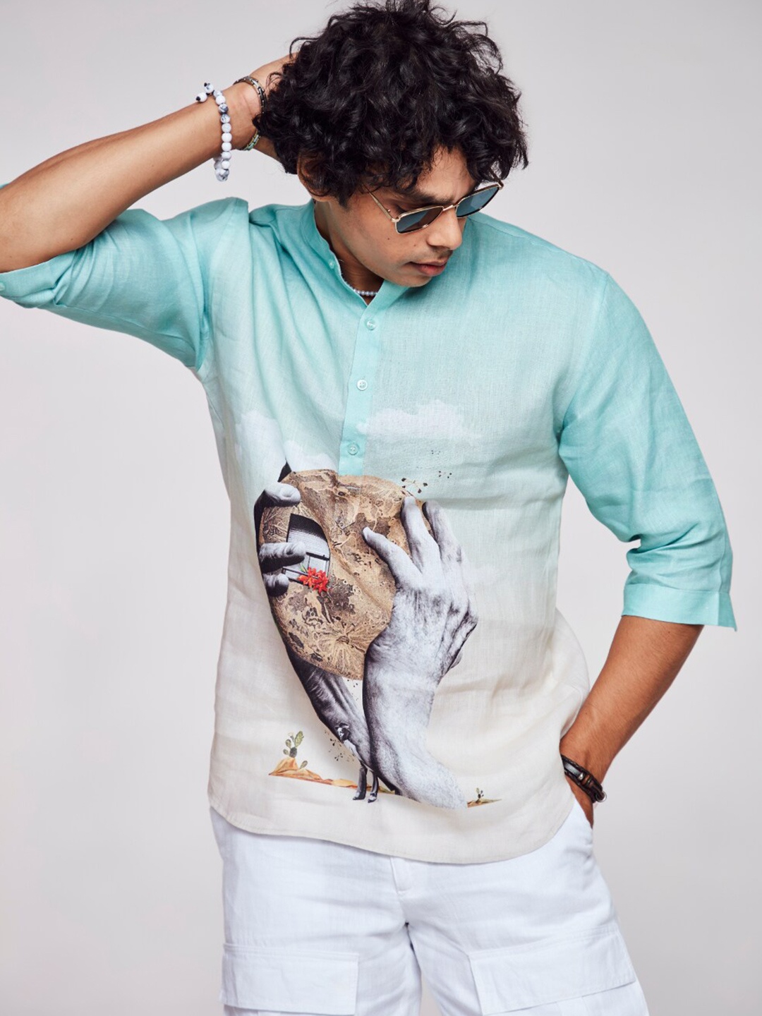 

ADDY'S for men Comfort Graphic Printed Band Collar Linen Casual Shirt, Blue