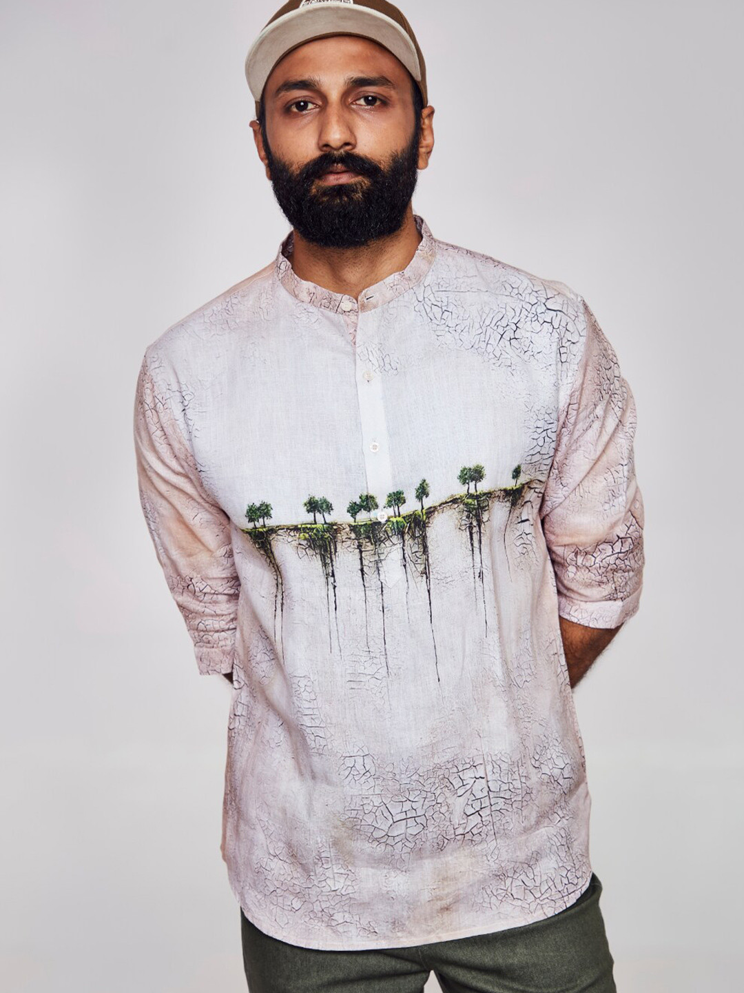

ADDY'S for men Comfort Graphic Printed Band Collar Linen Casual Shirt, Nude
