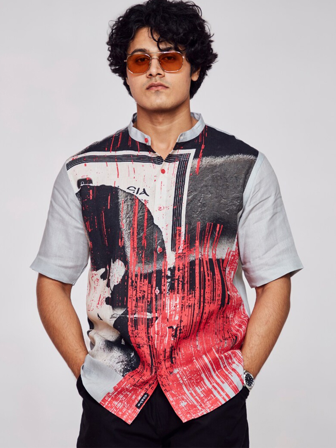 

ADDY'S for men Comfort Graphic Printed Band Collar Linen Casual Shirt, Grey