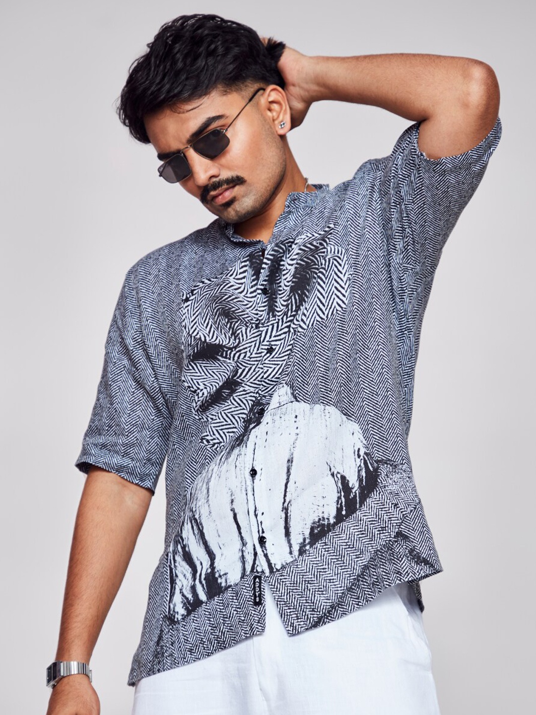 

ADDY'S for men Comfort Abstract Printed Linen Casual Shirt, Black