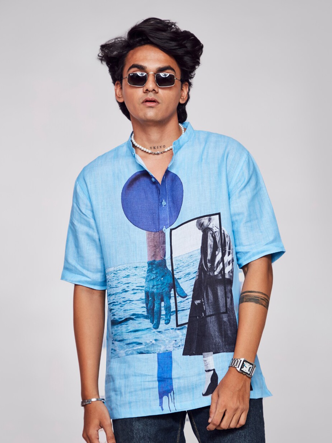 

ADDY'S for men Comfort Semi Sheer Graphic Printed Linen Casual Shirt, Turquoise blue