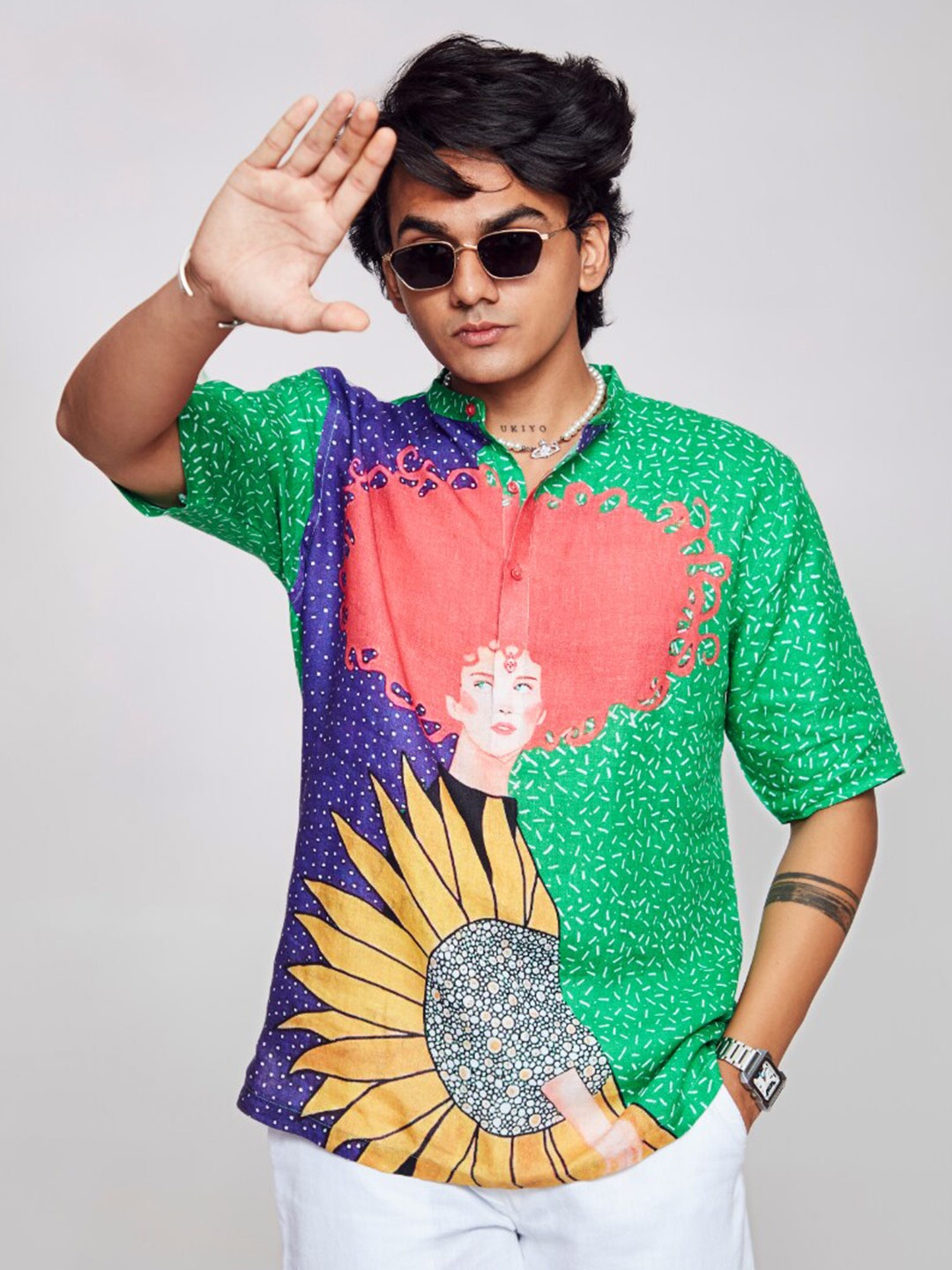 

ADDY'S for men Comfort Graphic Printed Band Collar Linen Casual Shirt, Green