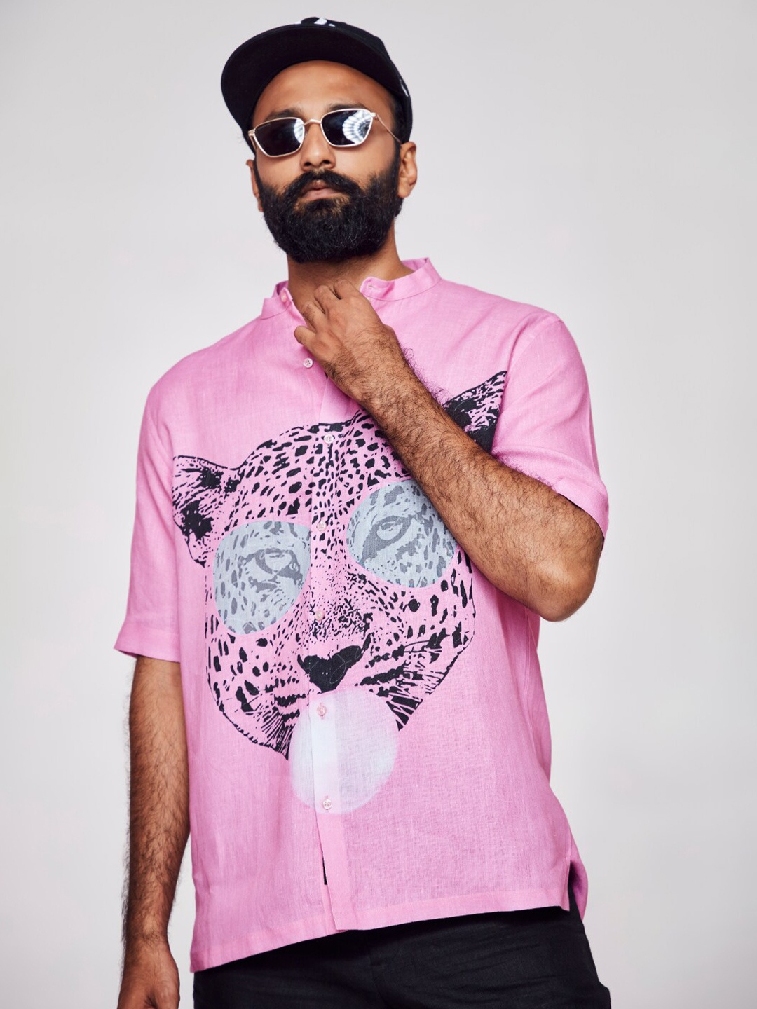 

ADDY'S for men Comfort Graphic Printed Band Collar Linen Casual Shirt, Pink