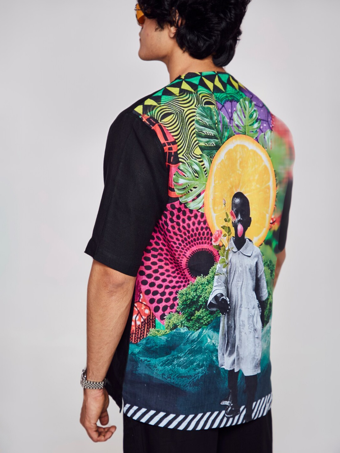 

ADDY'S for men Comfort Graphic Printed Semi Sheer Linen Casual T-Shirt, Black