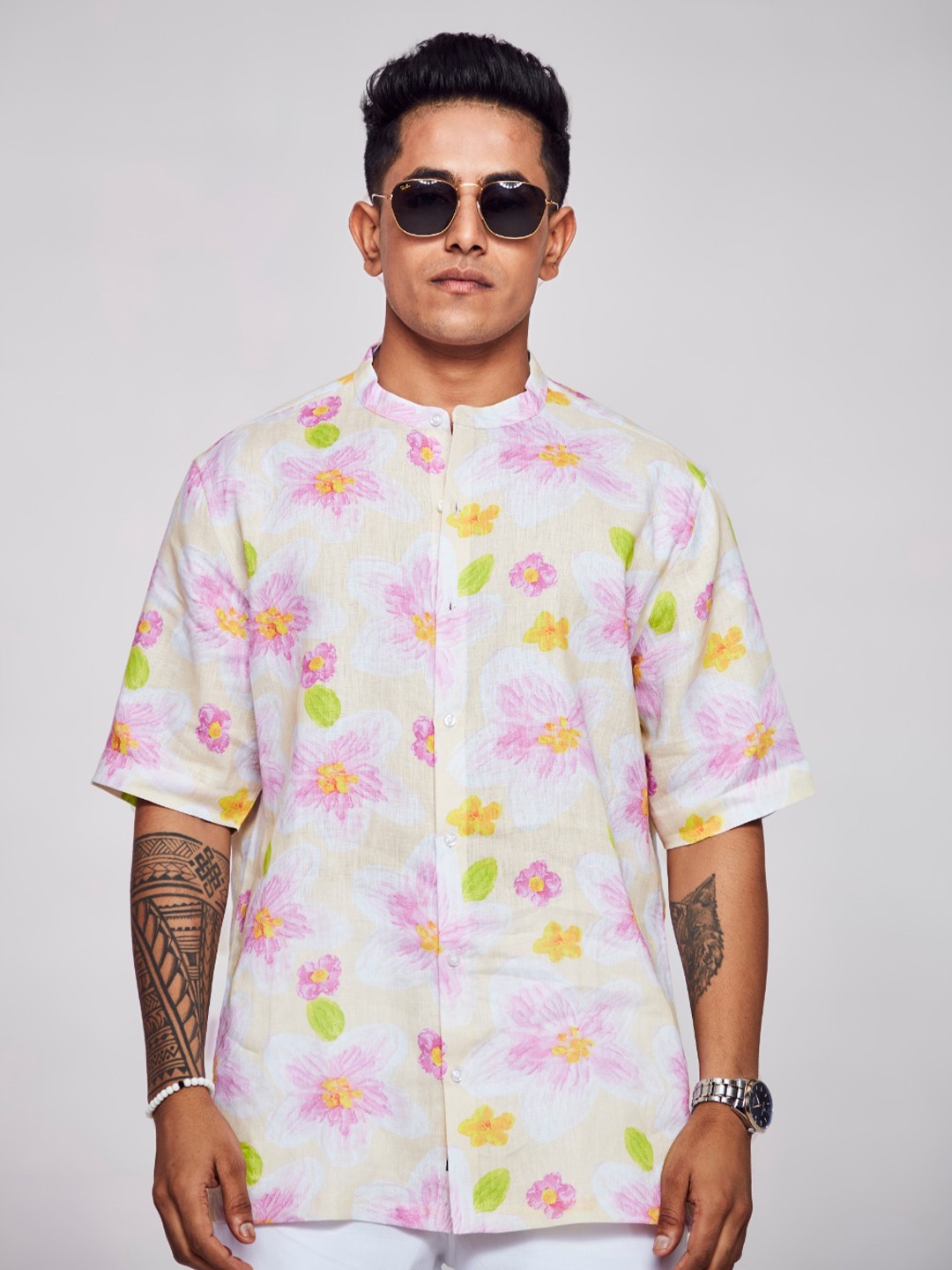 ADDY'S for men Comfort Floral Printed Band Collar Semi Sheer Linen Casual Shirt, White