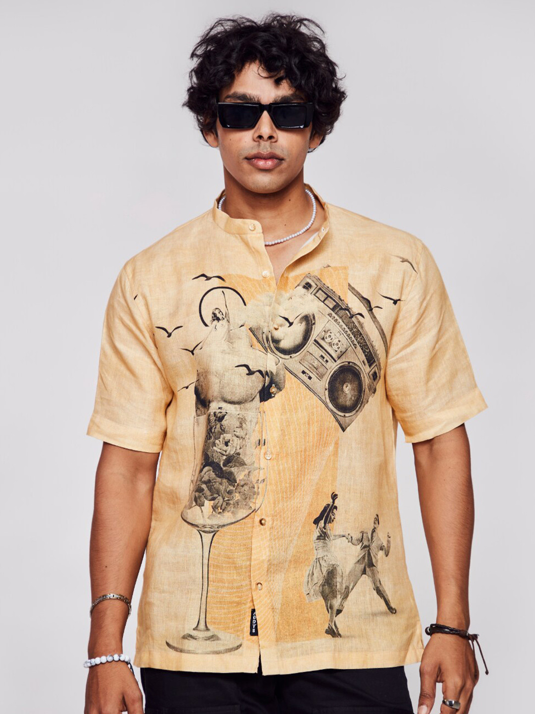 

ADDY'S for men Comfort Graphic Printed Semi Sheer Linen Casual T-Shirt, Beige