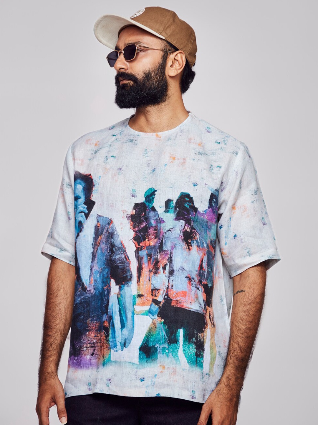

ADDY'S for men Comfort Graphic Printed Semi Sheer Linen Casual Shirt, Off white