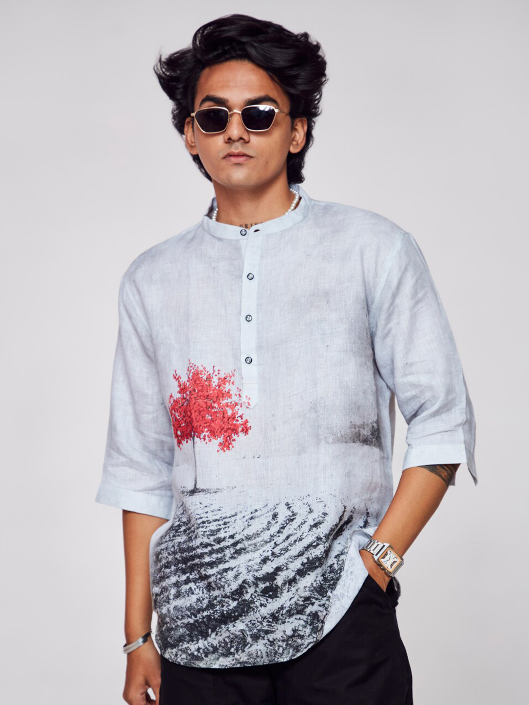 

ADDY'S for men Comfort Floral Printed Band Collar Semi Sheer Pure Linen Casual Shirt, Grey